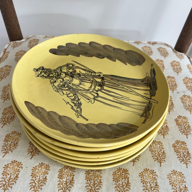 Mid 20th Century Signed Italian Handpainted Neoclassical Style Ochre Ceramic Plates- Set of 6 For Sale - Image 10 of 10