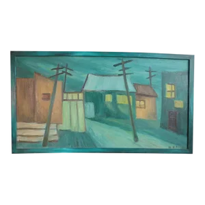 Circa 1950 Modernist Village Oil Painting on Canvas by Helen Shafter Feyler-Switz, Framed