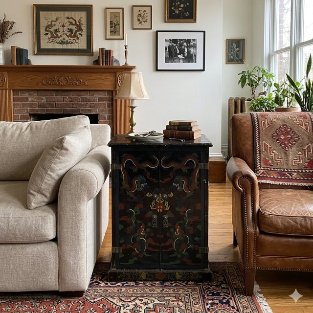 Wood Chinese Distressed Black Color Dragons Graphic Side Table Cabinet For Sale - Image 7 of 7