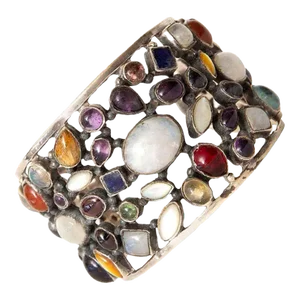 Vintage Sterling Silver and Semi Precious Stones Studio Cuff Bracelet