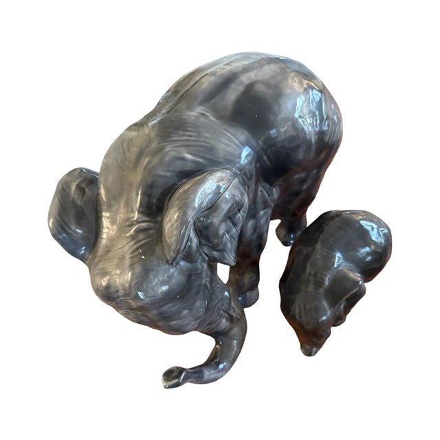 Large Mid-20th Century Japanese Ceramic Elephant Pair – Mother and Calf in Gray Glaze For Sale - Image 10 of 15