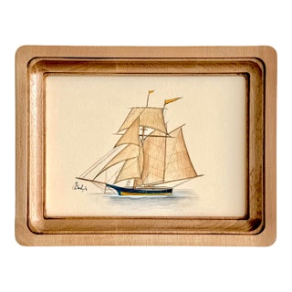 Original Hand-Painted Sailboat Painting in a Solid Oak Wood Frame For Sale