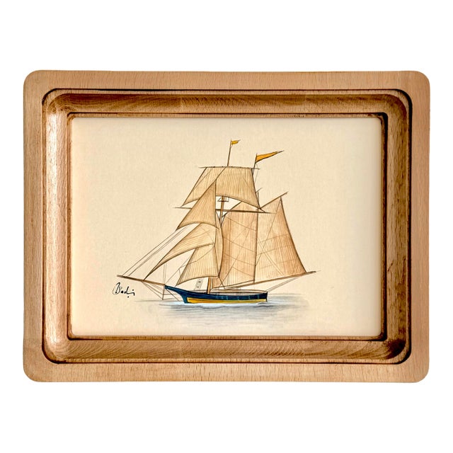 Original Hand-Painted Sailboat Painting in a Solid Oak Wood Frame For Sale