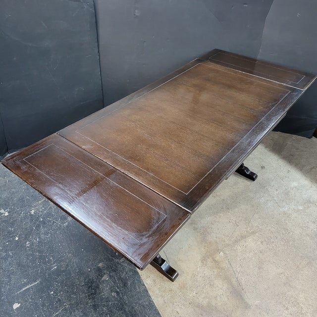 Wood Mid 20th Century English Oak Trestle Base Drawerleaf Dining Table For Sale - Image 7 of 9