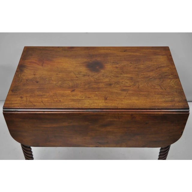 Wood Antique 19th C. Sheraton Mahogany Turn Carved Spiral Leg Drop Leaf Dining Table For Sale - Image 7 of 10