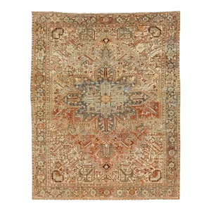 Peach Persian Heriz Antique Wool Rug Featuring a Medallion Motif From the 1920s