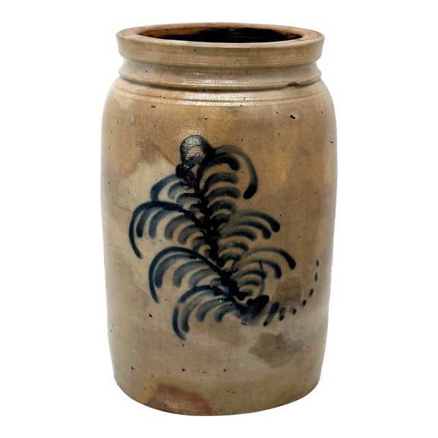 Unusual Antique American 1 Gallon Size Blue Front & Back Double Decorated Stoneware Jar - Circa Mid 19th Century For Sale