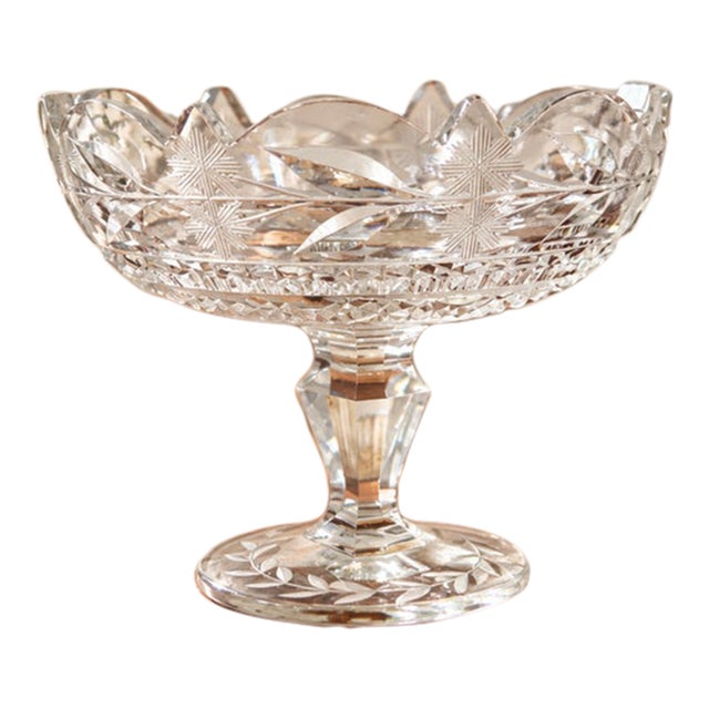 Vintage Cut Glass Star and Leaf Pedestal Compote For Sale