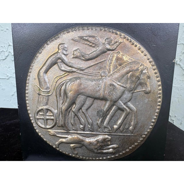 Vintage Art Deco Revival Chariot Medallion Brass & Steel Single Bookend For Sale - Image 10 of 11