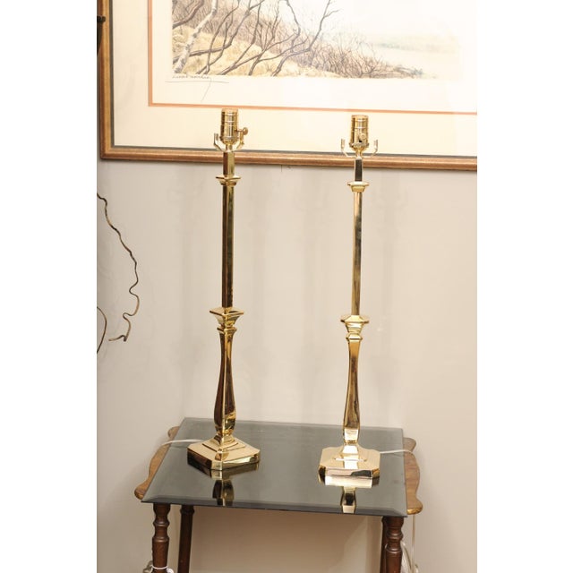 Pair of Architectural Brass Column Lamps, Hollywood Regency Style For Sale - Image 12 of 14