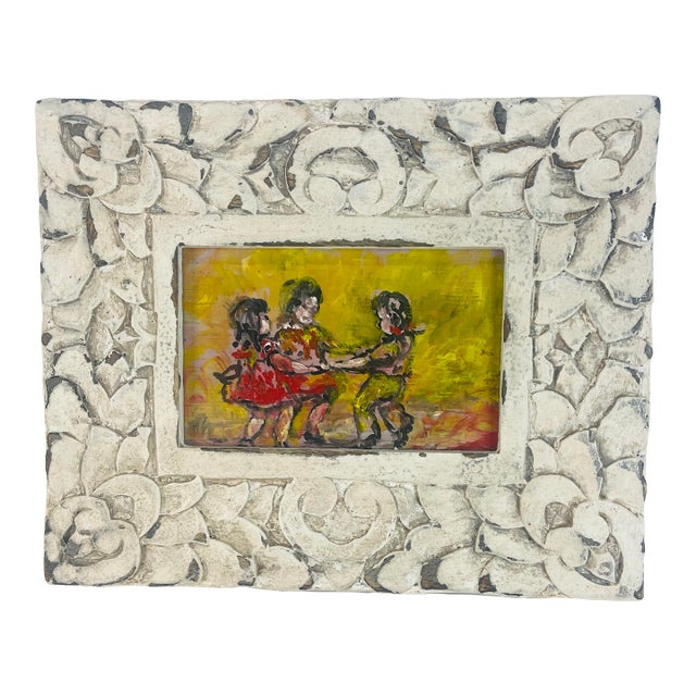 Vintage “Round the Rosy” Miniature Oil Painting, Carved Floral Frame, C. 1960s For Sale