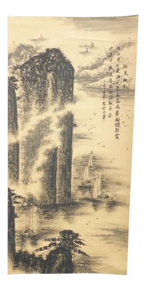 Vintage Japanese Mountains & Fishing Boats Scroll Painting