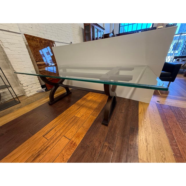Early 21st Century Contemporary Sculptural Trestle Wood + Glass Dining Table For Sale - Image 5 of 12