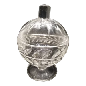 Vintage Clear Pressed Glass Candy Dish Ball Shape With Pedestal Leaf & Starburst