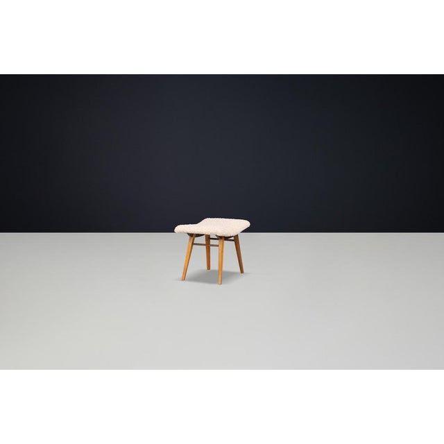 Mid-Century Modern Beechwood Stool & New Teddy Upholstery, Czechoslovakia, 1960s For Sale - Image 4 of 9