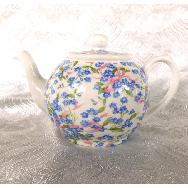Blue 1980s David Michael China Set of a Teapot, Serving Tray and Covered Teacup For Sale - Image 8 of 12