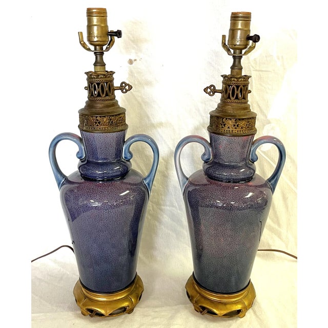 Vintage Ceramic Amphora Handled Vase Lamps With Purple Floral Decoration- a Pair For Sale - Image 4 of 12