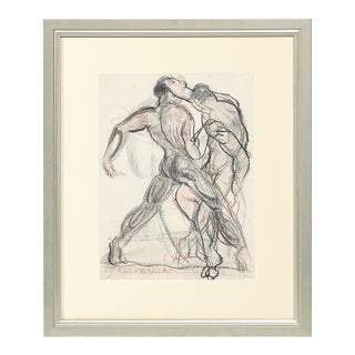 Mid-Century "Boxers" Charcoal & Conte W/ Watercolor Signed Boris Lovet-Lorski For Sale