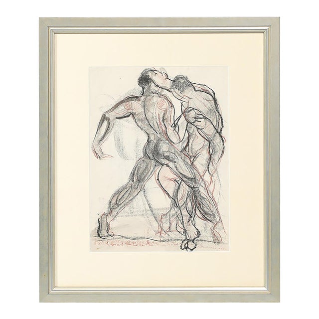 Mid-Century "Boxers" Charcoal & Conte W/ Watercolor Signed Boris Lovet-Lorski For Sale