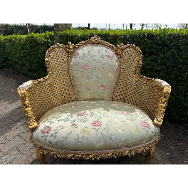 1960 French Louis XVI Gold Beech Damask Settee 1pc For Sale - Image 12 of 13