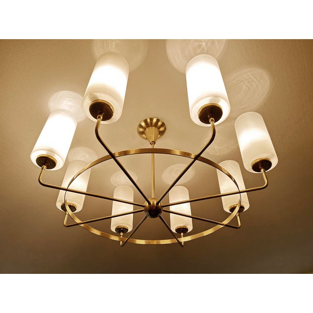Large vintage Italian chandelier, very rare design, brass structure, central orb and eight radiating spoke with opaline...