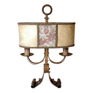 Large Florentine Gilt Iron Two-Light Table Lamp with Leather and Tapestry Shade, 1950s For Sale