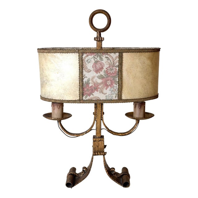 Large Florentine Gilt Iron Two-Light Table Lamp with Leather and Tapestry Shade, 1950s For Sale