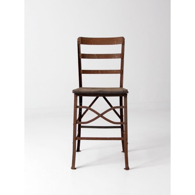 Rustic Antique Early 20th Century Riveted Metal Chair With Wood Seat For Sale - Image 3 of 9