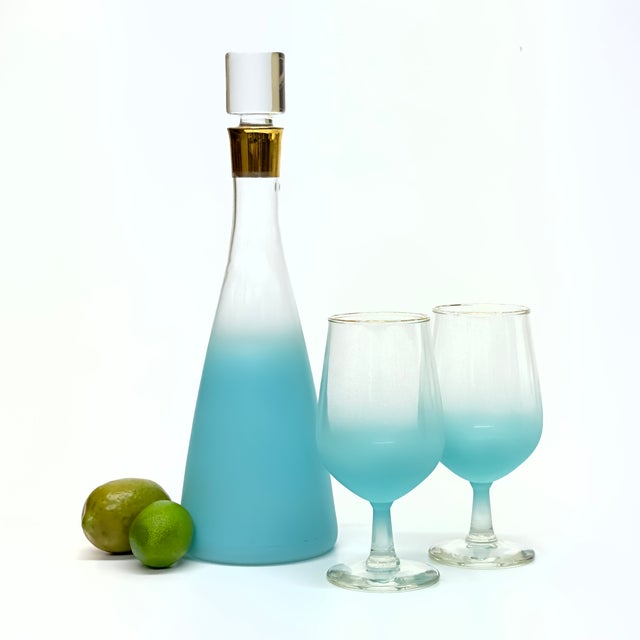 Aqua Blue Glass Carafe & Goblets- Set of 3 A stunning and eccentric set of Blendo by Anchor Hocking, matte gradient aqua...