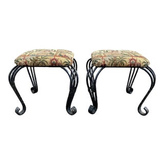 1950s French Iron Cabriole Legged Upholstered Stool - a Pair For Sale