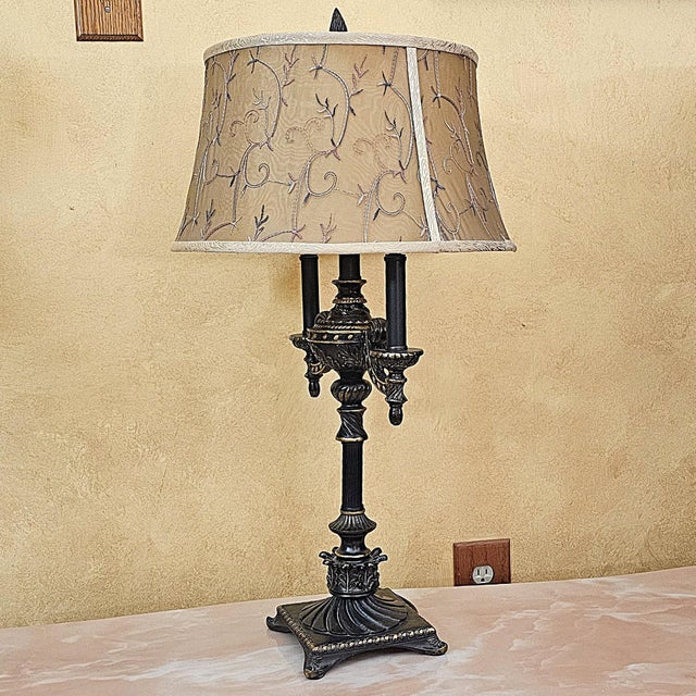 Vintage Victorian Candelabra Table Lamp – Ornate Metalwork & Embroidered Shade, 30” For Sale - Image 12 of 18
