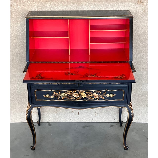 Chippendale Style Slant Top Desk in Black Lacquered Wood, Circa 1900 For Sale - Image 4 of 13