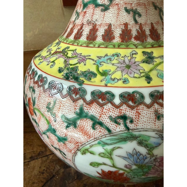 Chinese Famille Rose Porcelain Vase Circa 1940–1960 Hand Painted Floral Chinoiserie Qianlong Mark 14.5 Inch For Sale - Image 4 of 12