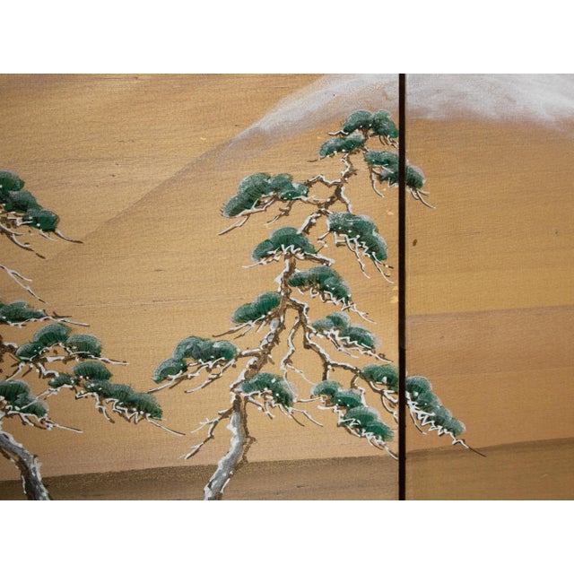 Bronze 1960s Shōwa Era Japanese Silk Byobu Screen "Mountain Landscape With Pine Trees" For Sale - Image 8 of 18