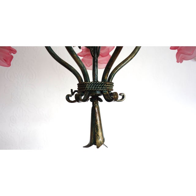 Gold Vintage Green-Gold Patinated Metal Pink Shade Chandelier, 1970s For Sale - Image 8 of 18