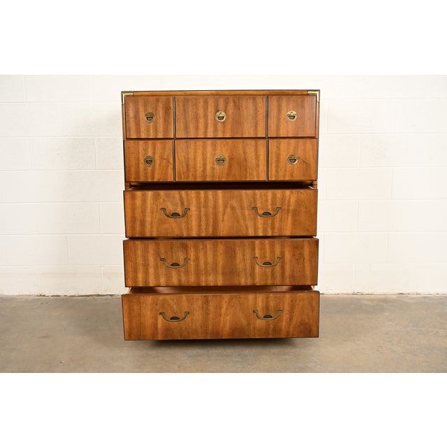 1970s Drexel Heritage Mid-Century Modern Hollywood Regency Campaign Walnut Highboy Dresser, 1970s For Sale - Image 5 of 15