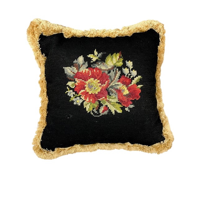 Cabin Set of 4 Vintage Petit Point Floral Needlepoint Pillows With Gold Fringe Trim For Sale - Image 3 of 12