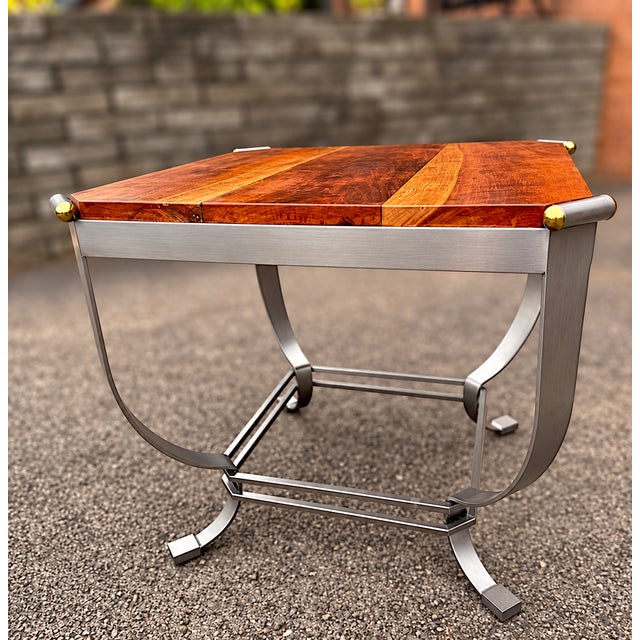 Handcrafted Solid Cherry Side Table With Vintage Curule Base & Brass Accents For Sale In Pittsburgh - Image 6 of 6