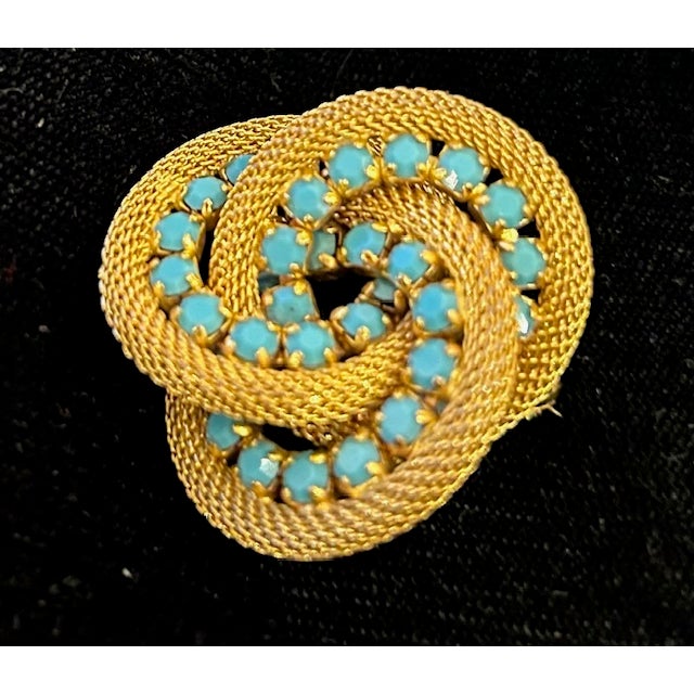 Mid-Century, Gold-Toned Metal Mesh & Turquoise Rhinestone Brooch | Chairish