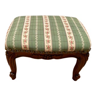Antique Hand Carved French Provincial Footstool in Green For Sale