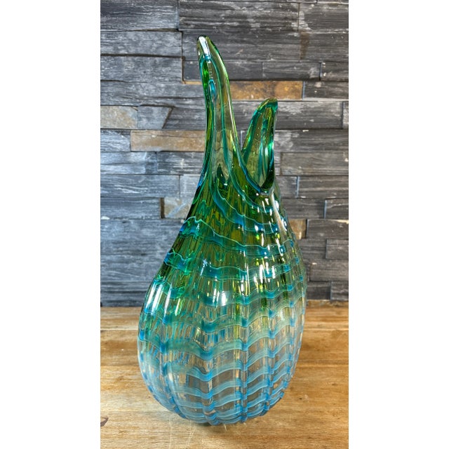 Murano Art Blue Green Narrow Tear Shaped Vase With Blue Wave Pattern Bird Beak Lip For Sale - Image 4 of 12