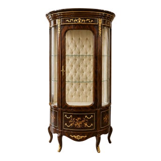 French Rococo Curio Cabinet – Ornate Gold Leaf Display Case With White Tufted Velvet Interior For Sale