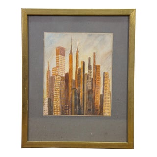 Mid Century Helen McRae New York Skyline Watercolor Cityscape Paintings 10" For Sale