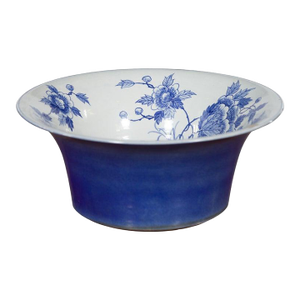 Chinese Blue & White Porcelain Wash Basin with Floral Motifs & Cobalt Blue