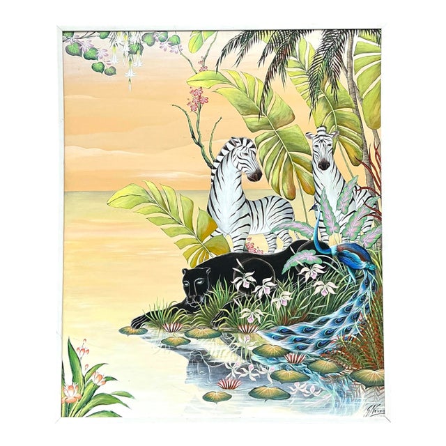 Vintage Monumental 1999 Original Jungle Painting on Canvas For Sale