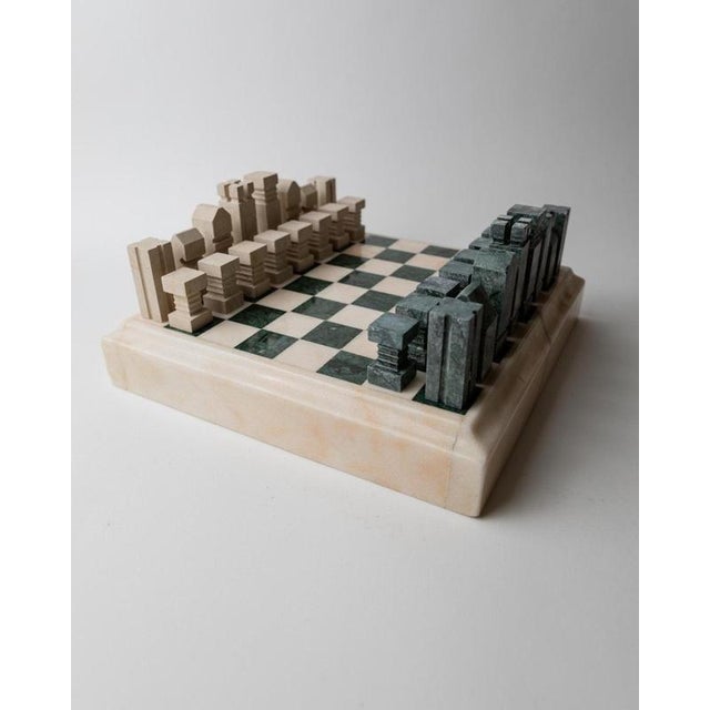 Vintage Marble Chess Set in Green and Beige Stone Chess, 1970s, Set of 33 For Sale - Image 12 of 17