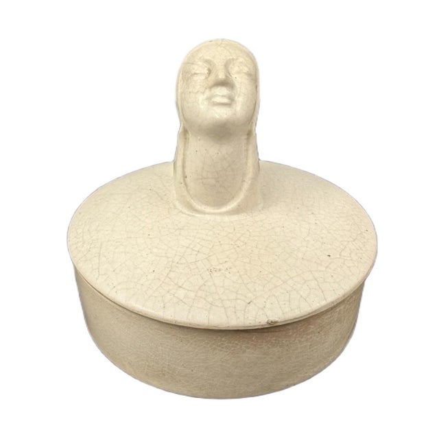 Mid-Century Modern Antique 1930s Art Deco Earthenware Powder Box With Female Bust Handle - Made in Japan For Sale - Image 3 of 9