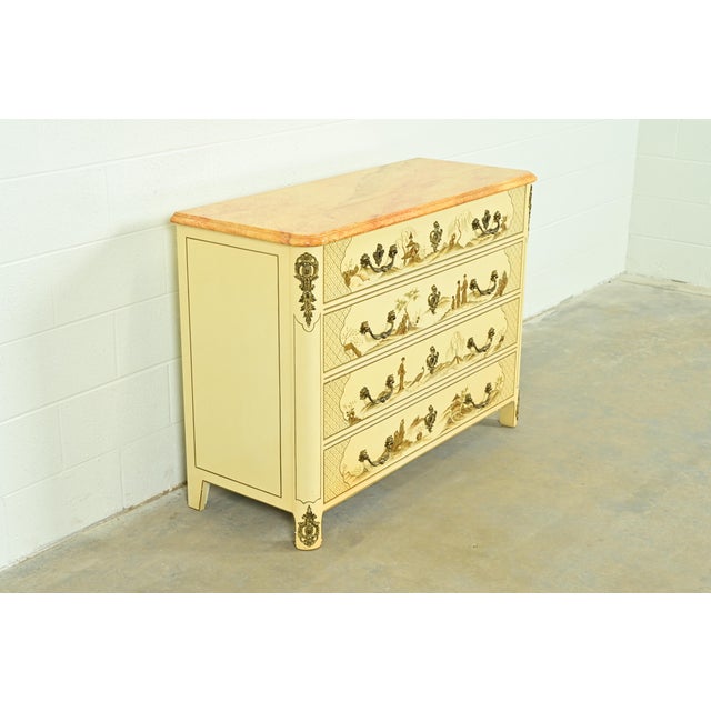 Baker Furniture Company Baker Furniture Style French Regency Louis XVI Chinoiserie Cream Lacquered Dresser Chest For Sale - Image 4 of 17