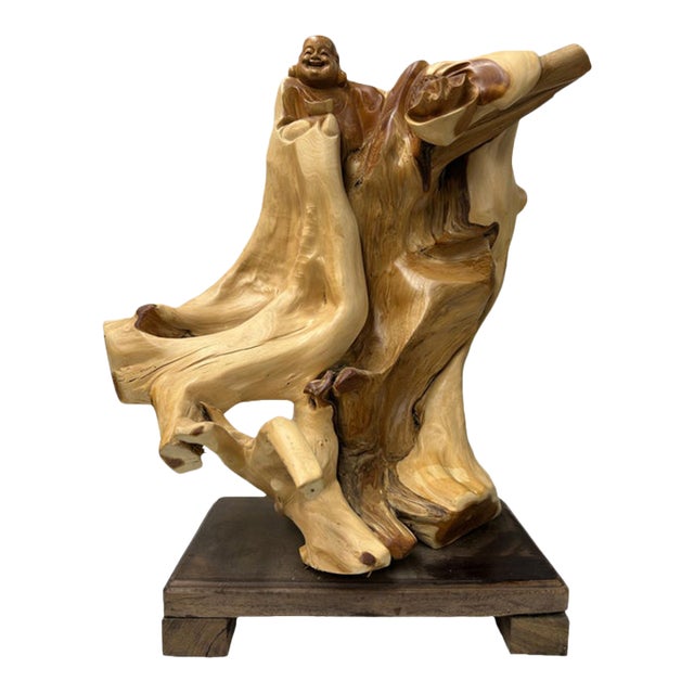 Cypress Root Wood Carved Irregular Happy Buddha Statue Artistic Figure For Sale