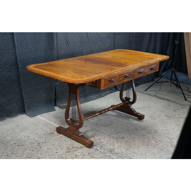 Early 19th Century Antique Early 19th C. Regency Flame Mahogany Lyre Base Drop Leaf Sofa Table Desk For Sale - Image 5 of 16